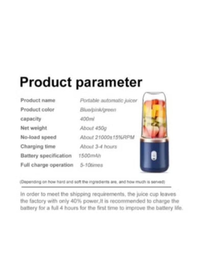 Winmax Portable Blender, Blender Juicer Juice Cup Fruit Blender Portable Fruit Cup, USB Rechargeable Personal Size Juice Cup, Personal Blender for Smoothies and Smoothies, 400ml Travel Juice Cup - Image 4